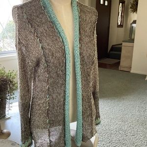 Vintage Curio tan and aqua sweater, size L.